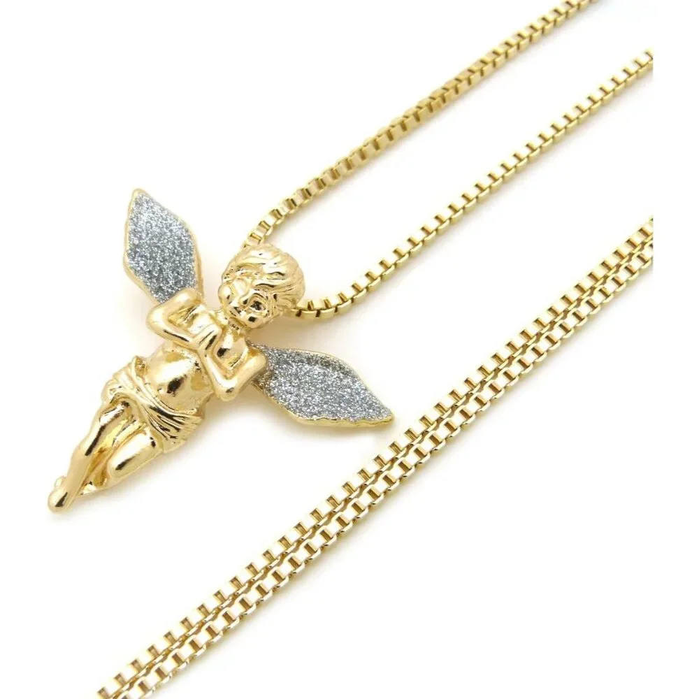 Sparkled Micro Angel Cherub Pendant 2mm 24 inches Box Chain Necklace Gold Silver